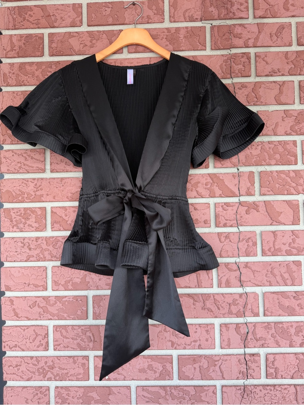 Black Satin-Trim Peplum Wrap Blouse with Tie